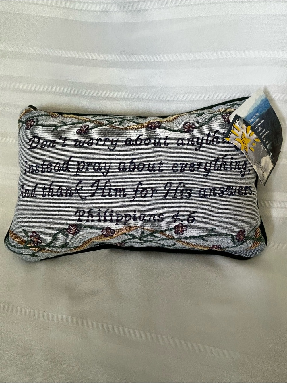 NWT Needlepoint Pillow Philippians 4:6 Religious Home Decor Accent Floral Green